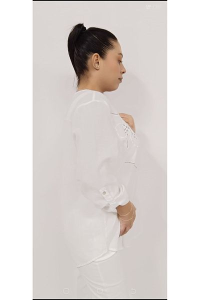 AKŞEN GİYİM 70 cm Tall - Large Size Cotton Linen Embossed Printed Flower and Silver Glitter Detailed Authentic Shirt