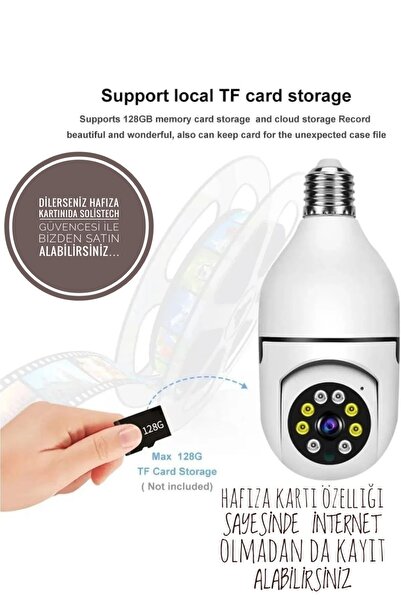 Solistech AMPUL KAMERA GECE GÖRÜŞLÜ HAREKET SENSÖRLÜ BEBEK İZLEME AKILLI Wİ-Fİ GÜVENLİK  360 HD KAMERA