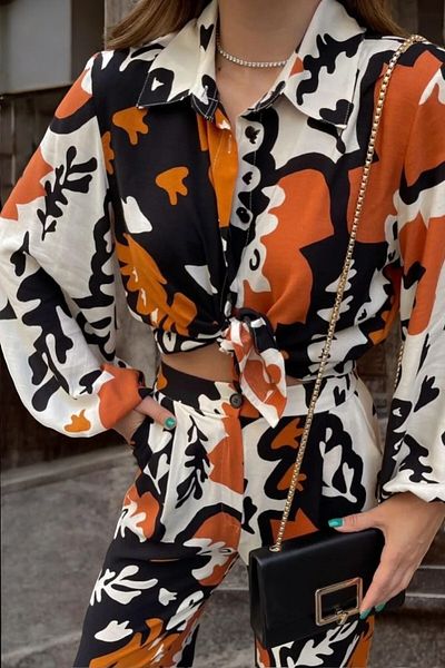 Flow Mi̇sseale Black Elastic Waist Wide Leg Patterned Lower - Upper Shirt Set