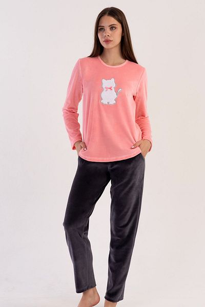 VİENETTA Women's Velvet Long Sleeve Pajamas Suit, 306012