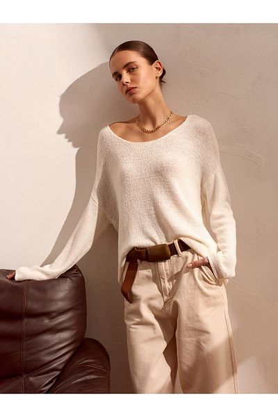 Dilvin 10547 Oval Collar Soft Textured Knitwear Sweater-Ecru