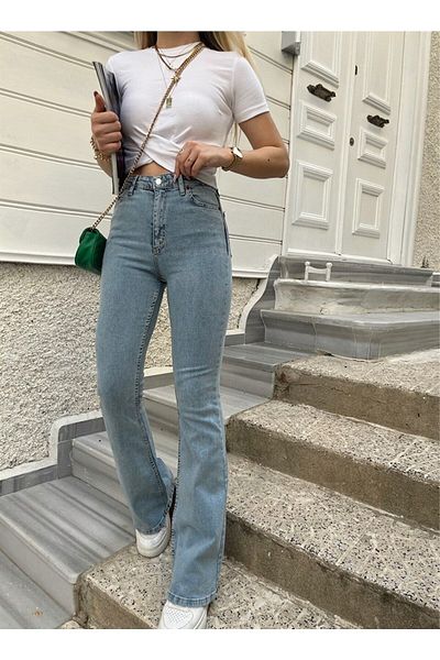 MAKRAS EXCLUSIVE Blugi Capella Blue Snow Wash Pantaloni din denim cu talie înaltă din lycra spaniolă