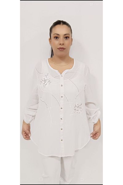 AKŞEN GİYİM 70 cm Tall - Large Size Cotton Linen Embossed Printed Flower and Silver Glitter Detailed Authentic Shirt