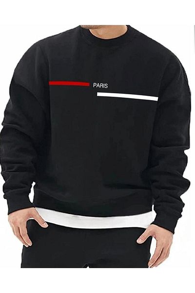 Moda Glo Μαύρο φούτερ με στάμπα Paris Stripe, βαμβακερή κουκούλα και λαιμόκοψη Unisex