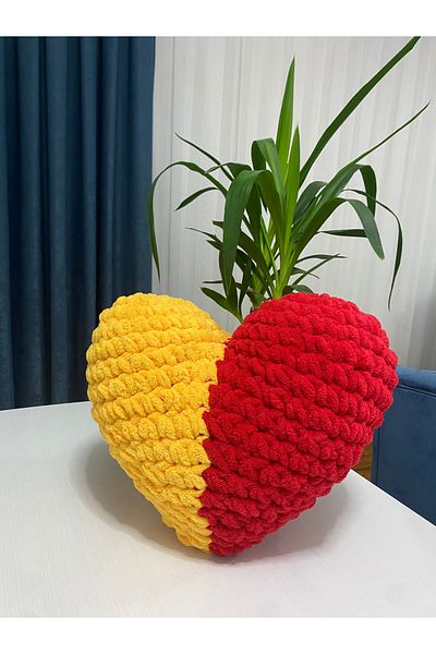 ÖRGÜCÜ DESİGN Puffy Heart-Knitted Yellow Red Heart Large Size (42X42Cm)