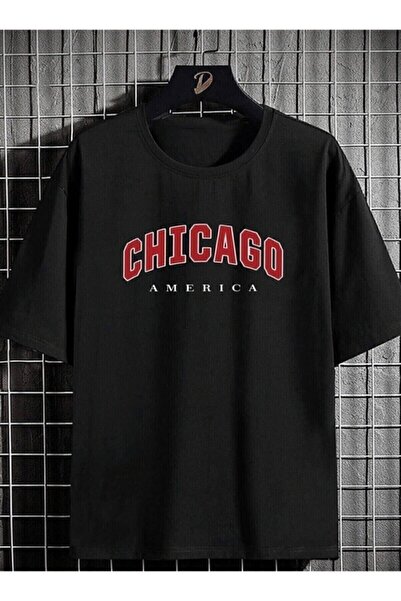 Genel Markalar Siyah Chicago Baskılı Oversize Penye T-shirt Tişört