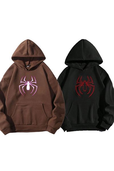 Renaissance Καφέ μαύρο Unisex Spider με στάμπα 3 κλωστών βαμβακερό oversize Lover Couple Combination Hoodie