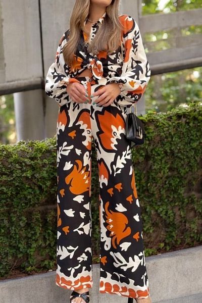 Flow Mi̇sseale Black Elastic Waist Wide Leg Patterned Lower - Upper Shirt Set