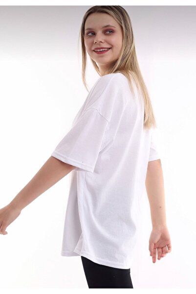 JAKARLI Unisex Pamuk Bisiklet Yaka Boyfriend Örme Oversize T-shirt