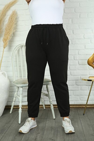 Butik Şımarık Women's Black Elastic Waist Pocket Large Size Sweatpants Halil Koç