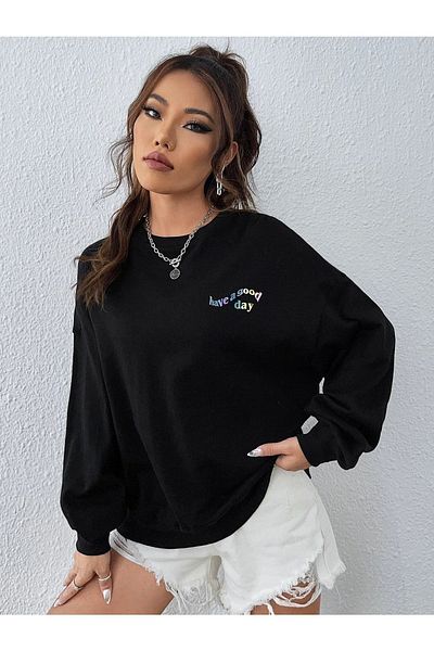 Moda Glo Черен унисекс суичър с принт с усмихнато лице