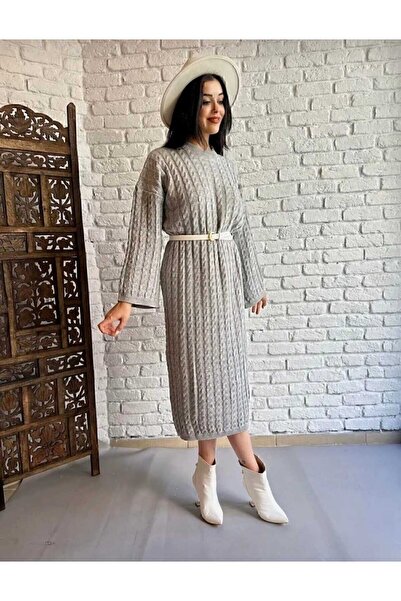 KNİTİCAL TEKSTİL Dress Bisiklet Yaka Örgü Desen Uzun Triko Elbise