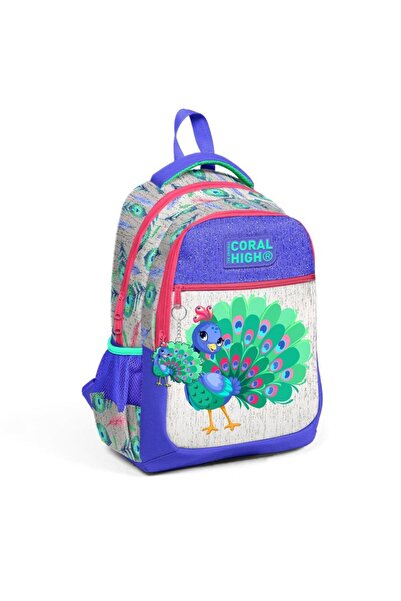 Coral High حقيبة ظهر مدرسية كبيرة الحجم منقوشة على شكل طاووس 23488