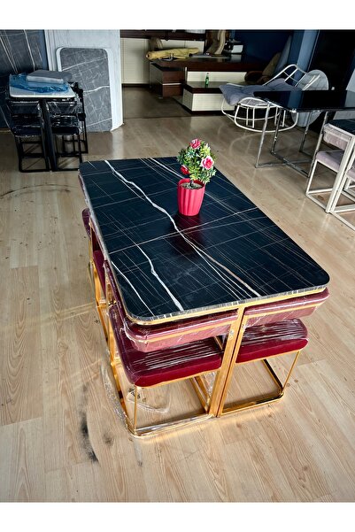 ONLİNEALSAN Lego Gold Mutfak Masası Gizlenebilir Sandalyeli Akıllı Mutfak Yemek Masası 6 Kişilik Desenli Mermer