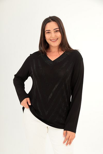 Şans Women's Plus Size Black Collar and Front Stone Print Detailed Blouse 65N38425