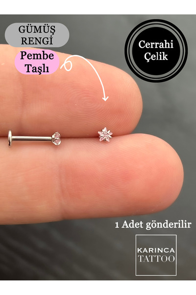 Karınca Piercing Yıldız Pembe Taşlı Kulak Dudak Burun Conch Helix Kıkırdak 8 mm Tragus Piercing Cerrahi Çelik