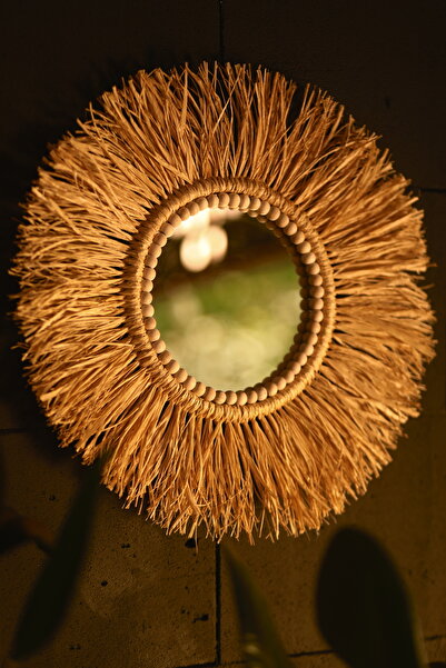 Home Bohem Ahşap Boncuklu Rafya Ayna Duvar Süsü - El Yapımı Aynalı Rafya Duva...