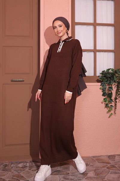 HİFADEN Women's Shirt Collar Buttoned Knitwear Dress