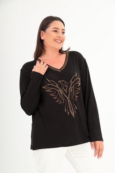 Şans Women's Plus Size Black Collar and Front Stone Print Detailed Blouse 65N38430