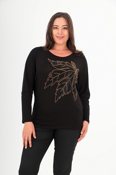 Şans Women's Plus Size Black Stone Print Detailed Bat Sleeve Blouse 65N38433