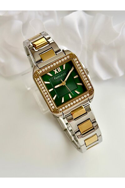 Ferrucci Ferrucci̇-(Gold&Silver)Square Case Green Inner Dial Women's Wristwatch with Stones