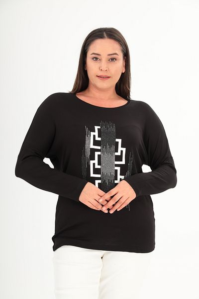 Şans Women's Large Size Black Front Stone and Print Detailed Bat Sleeve Blouse 65N38429