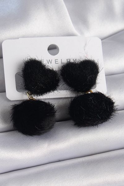 SeyCey.co Black Feather Pompom Model Women's Earrings
