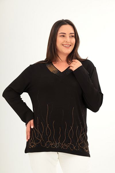 Şans Women's Plus Size Black Neck and Skirt Stone Print Detailed Blouse 65N38423