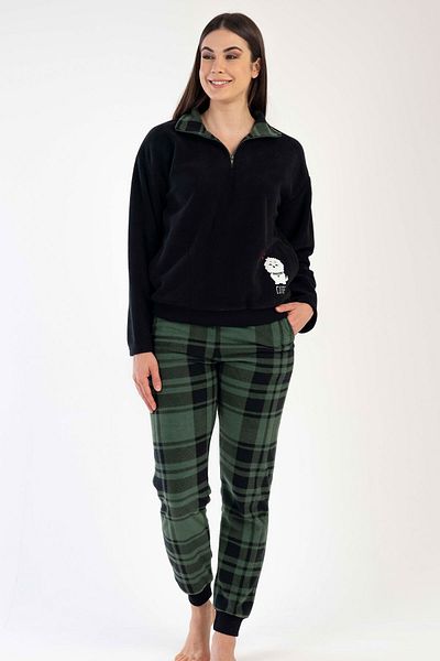 VİENETTA Women's Fleece Collar Off-Shoulder Long Sleeve Zipper Pajama Suit, 303020