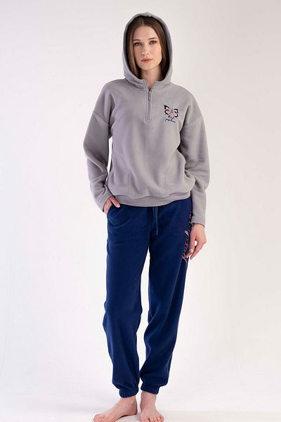 VİENETTA Women's Fleece Hooded Off-Shoulder Half-Zip Long Sleeve Pocket Pajama Set, 303049