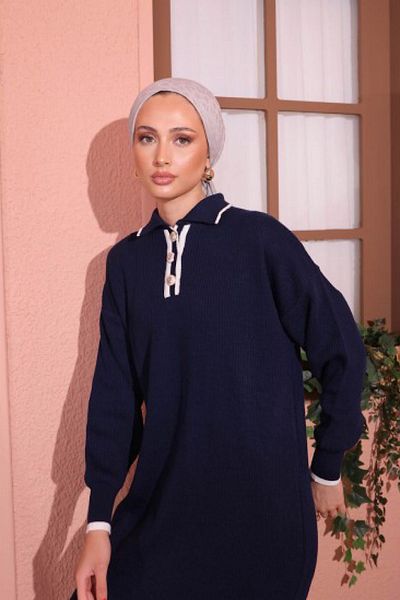 HİFADEN Women's Shirt Collar Buttoned Knitwear Dress