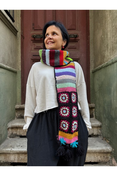 Bohoyasam Bohem Patchwork El Örgüsü Atkı, Şal, Tasarım Atkı, Renkli Atkı