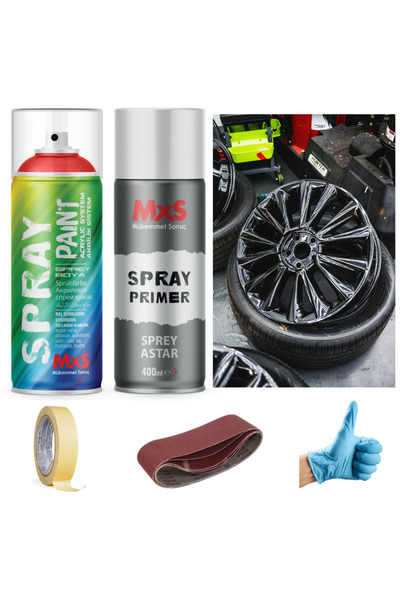 MxS PİANO BLACK JANT SETİ SPREY+ASTAR 400 ML + ZIMPARA + BANT + ELDİVEN