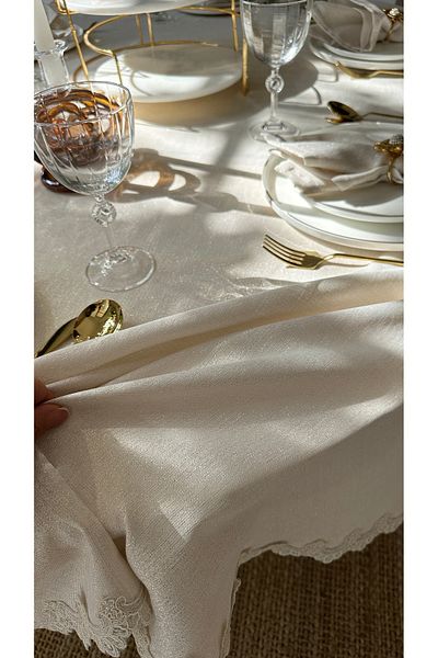 Decamor home Λινό Οβάλ Τραπεζομάντιλο με υφή Χρυσό Glitter Εκρού Δαντέλα Λεπτομερές Οβάλ Τραπεζομάντιλο