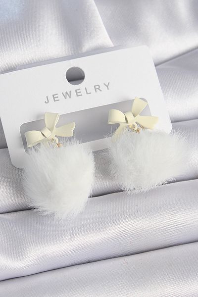 BESKAR White Color Ribbon Feather Pompom Model Women's Earrings