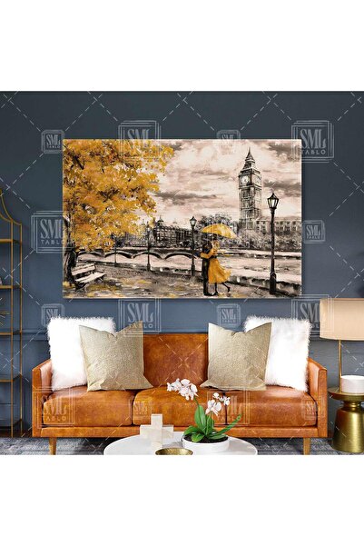 SML TABLO Romantik Sonbahar Sarılan Sevgililer Aşk Şemsiyeli Kadın ve Erkek S...