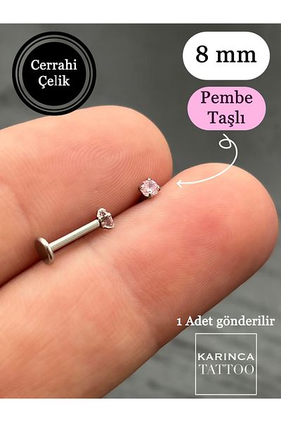 Karınca Piercing 8 mm Pink Jewelled Piercing - Tragus, Flat Lip, Snake Bites Nose, Conch Ear Helix Earrings