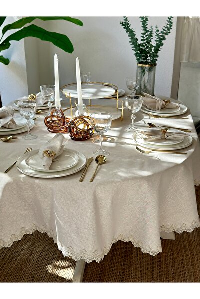 Decamor home Linen Textured Oval Tablecloth Gold Glitter Ecru Lace Detailed Oval Tablecloth (Napkin Not Included)