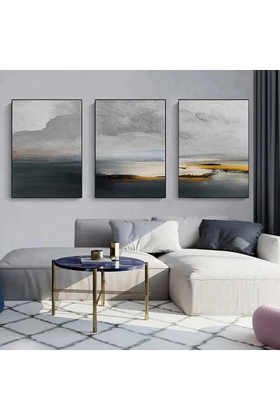 Linacci Set of 3 Black Metal Frame Abstract Sea Glass Painting