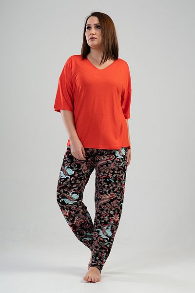 VİENETTA Women's Plus Size V-Neck Off Shoulder Short Sleeve Pajamas Suit , 111489