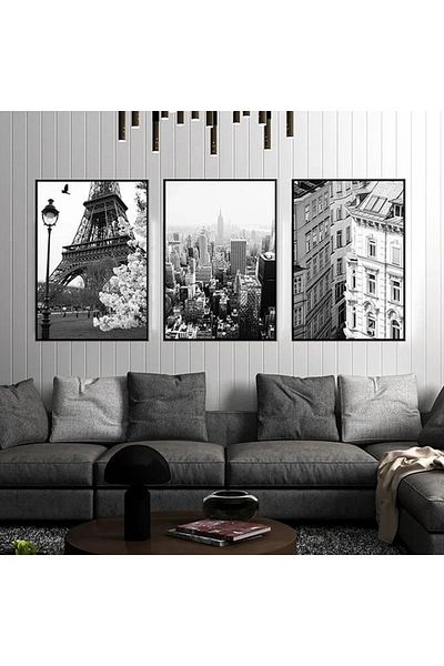 Linacci Set of 3 Black Metal Frame Paris City Architectural Glass Table