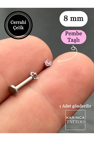 Karınca Piercing 8 mm Pink Jewelled Piercing - Tragus, Flat Lip, Snake Bites Nose, Conch Ear Helix Earrings
