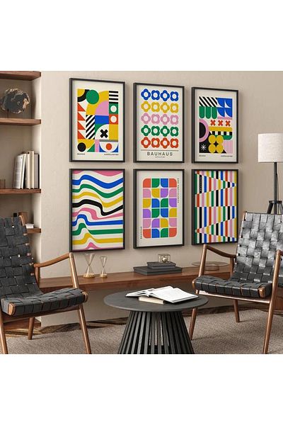 Linacci Set of Six Black Metal Framed Colorful Vivid Poster Glass Painting
