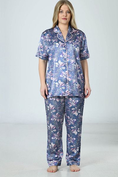 VİENETTA Σετ γυναικεία πιτζάμα Satin Plus Size - Κοντό μανίκι με κουμπιά