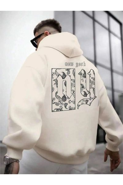 zunop Ανδρικό φούτερ με κουκούλα σε μπεζ NY printed oversize