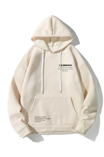 zunop Φούτερ Unisex Beige Happiest με κουκούλα Oversize