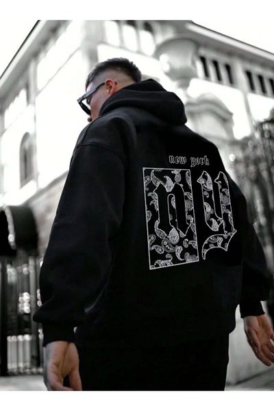 zunop Hanorac oversize cu glugă cu imprimeu NY negru pentru bărbați