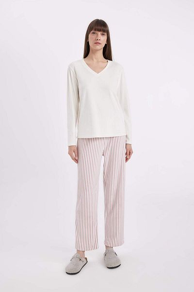 DeFacto Dfc - Fall in Love Pajama Set V-Neck Basic Solid Long Sleeve Velour Top Striped Elastic Waist Bottom