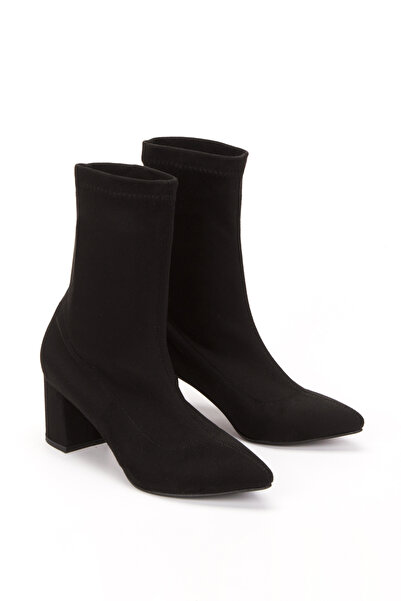 SUENO SHOES Kadın Streç Siyah Süet Bot 7 Cm Topuklu Bot