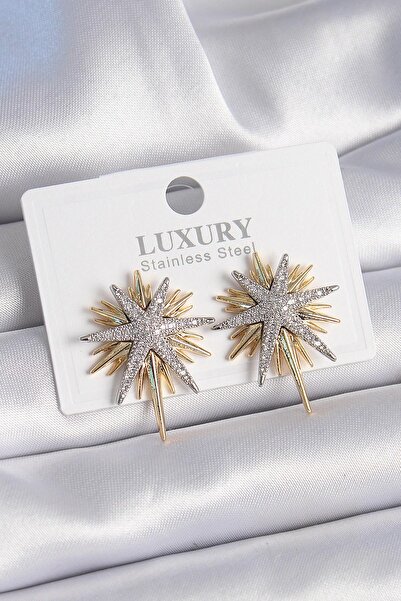 Nextpage Pirinç Gold Renk Zirkon Taşlı Kutup Yıldızı Model Kadın Küpe